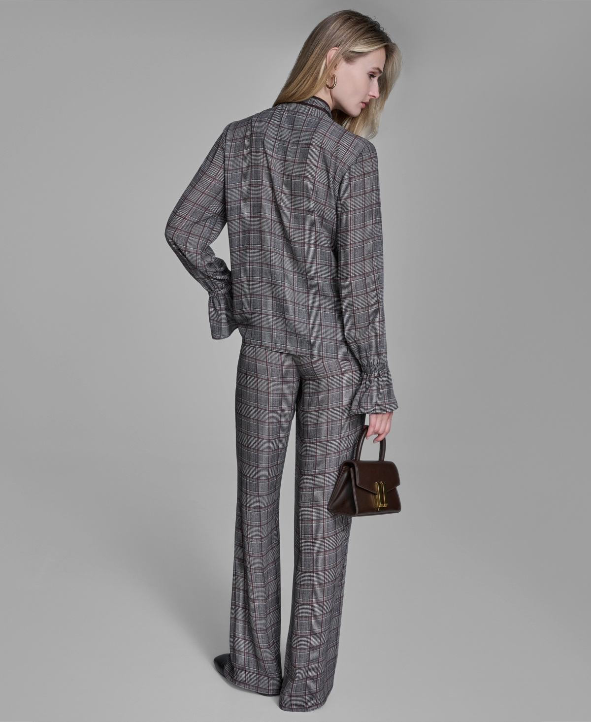 Bcbg Women's Plaid Long Sleeve Tie Neck Top In Gray