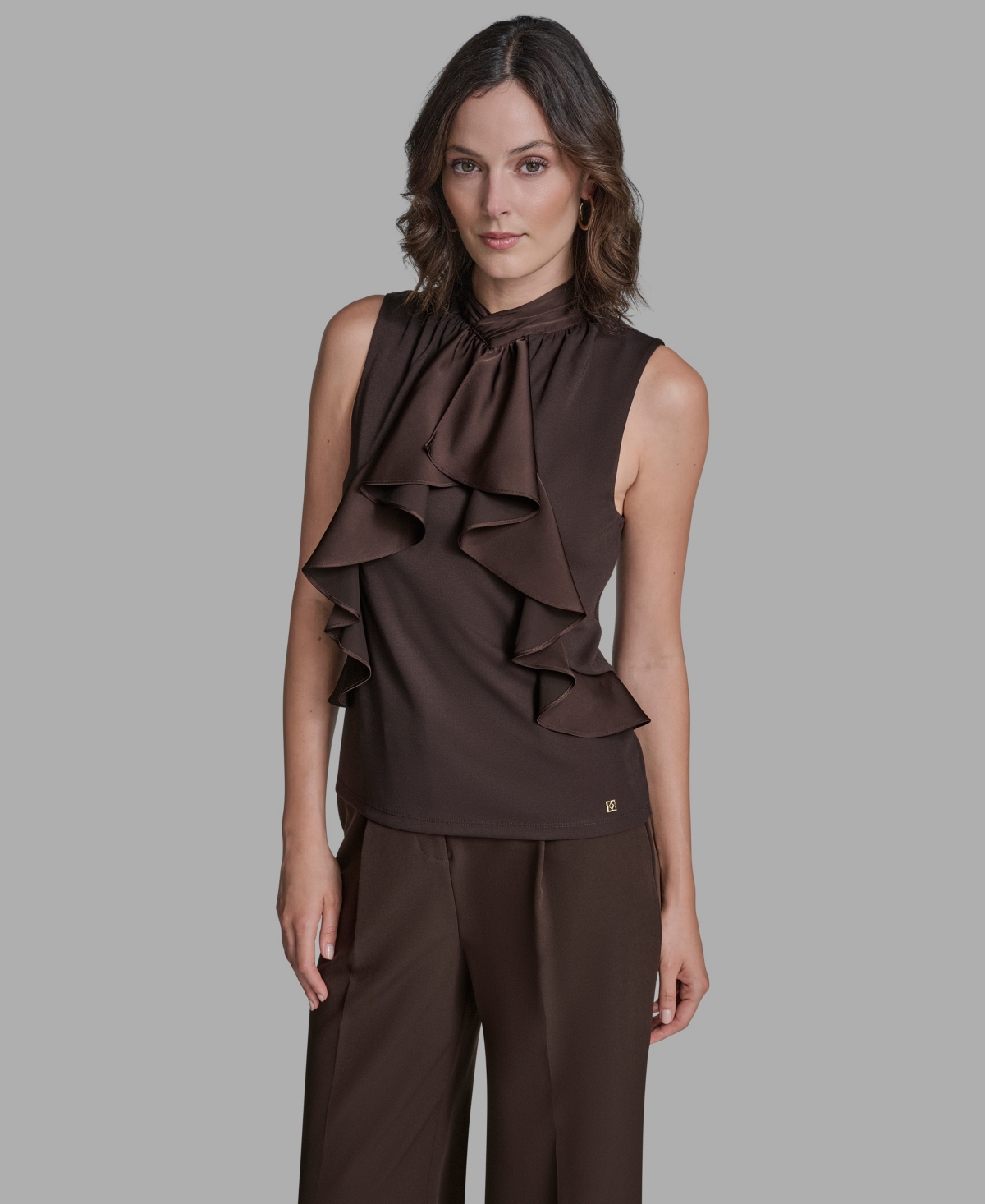 Bcbg Women's Sleeveless Ruffle Front Blouse In Brown