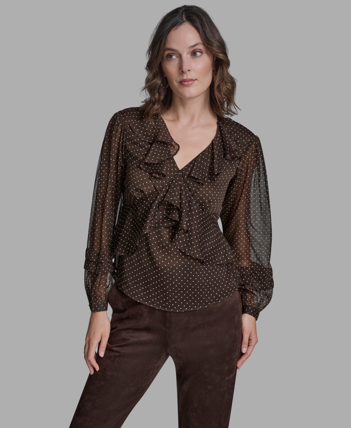 Bcbg Women's Polka Dot Long Sleeve V-neck Blouse In Brown