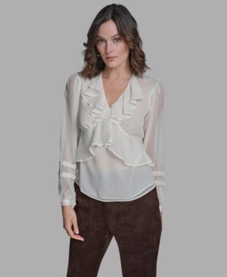 Women's Long Sleeve Ruffle V-Neck Blouse