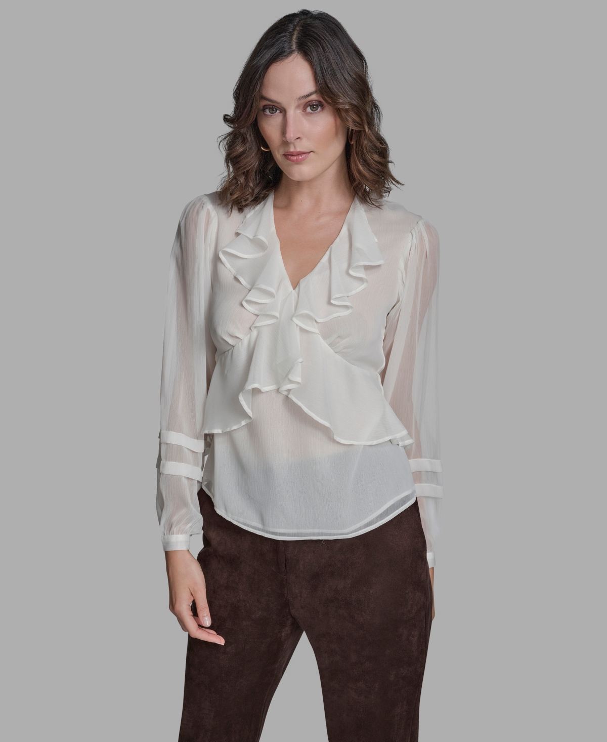 Bcbg Women's Long Sleeve Ruffle V-neck Blouse In Brown