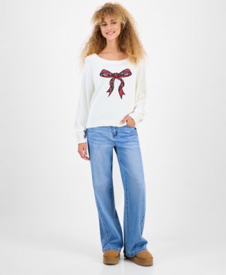 Juniors' Cotton Bow-Appliqu&eacute; Boat-Neck Sweater