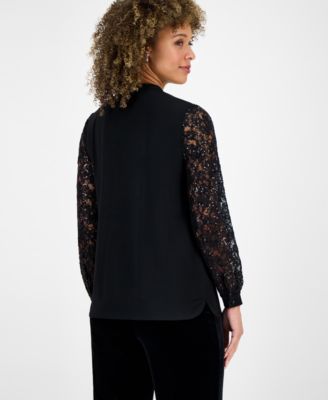 Women's Sequin-Lace-Sleeve Keyhole-Neck Top