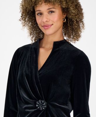 Women's 3/4-Sleeve Faux-Wrap Velvet Top, Regular & Petite