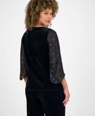 Women's Velvet Mixed-Media 3/4-Sleeve Top