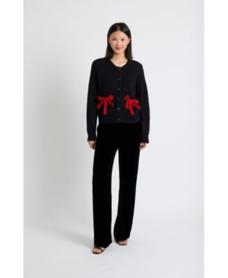 Women's Wool-Cashmere Velvet Bow Cardigan
