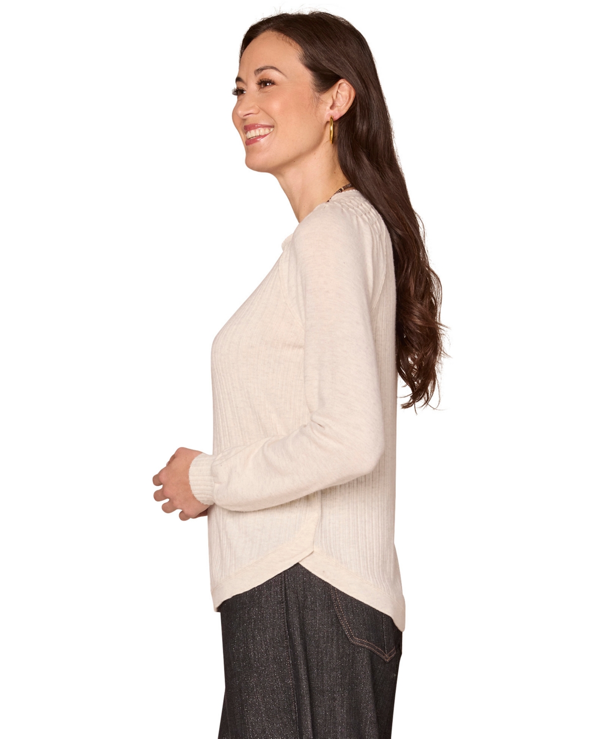Democracy Women's Long Smocked Sleeve Top In Neutral