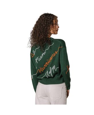 Women's Green Miami Hurricanes Love Note Embroidered Pullover Sweater