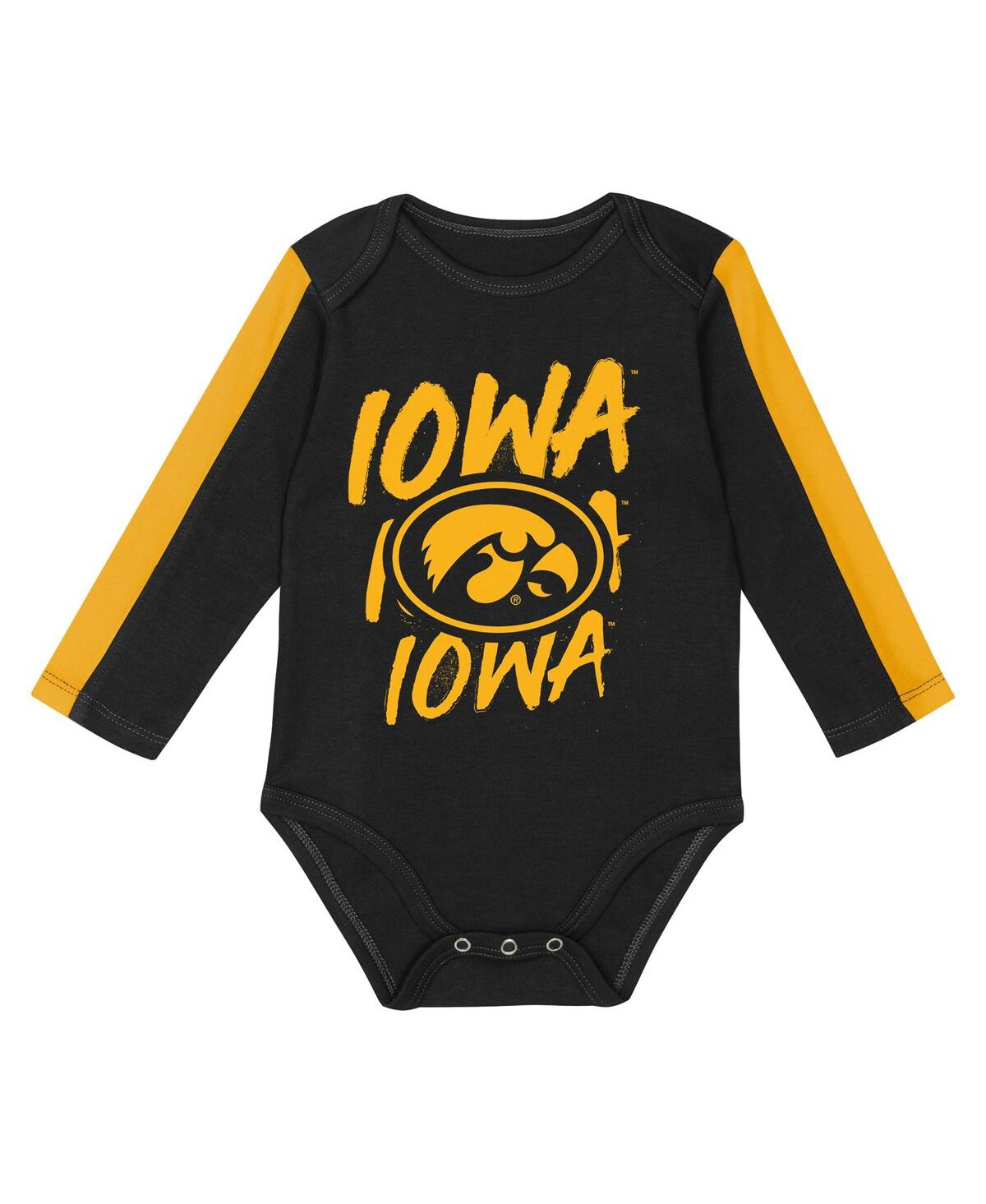Outerstuff Baby Boys And Girls 3-piece Black/gold Iowa Hawkeyes Double Down Creeper And Pants Set In Multi