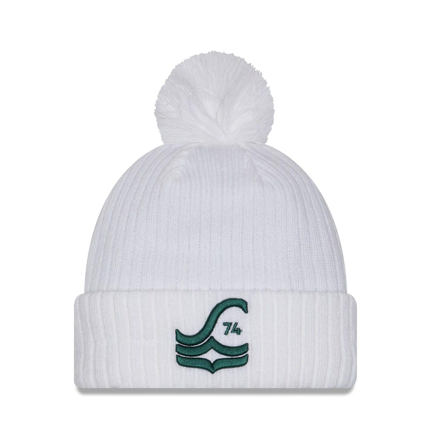 Мужские головные уборы New Era White Seattle Sounders FC 2025 Jersey Hook Cuff With Pom Knit Hat — фото 1
