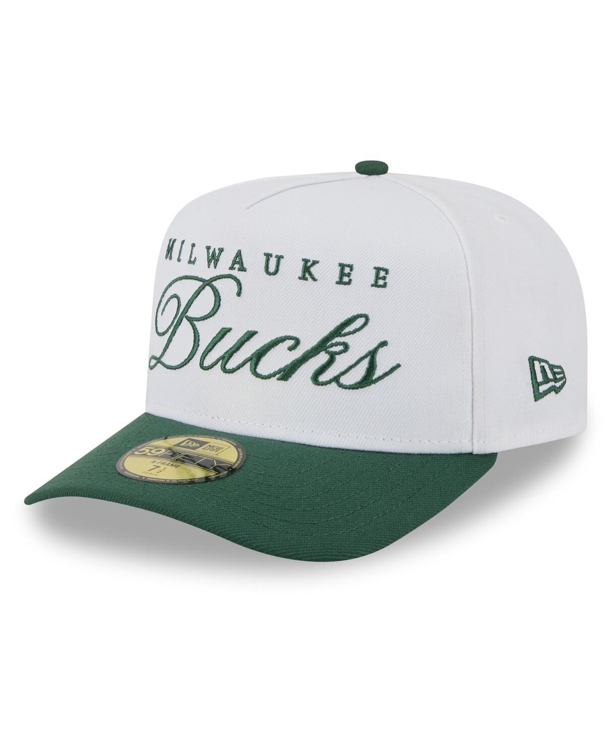 New Era Men's White/hunter Green Milwaukee Bucks 2025 Nba Draft A-frame 59fifty Fitted Hat