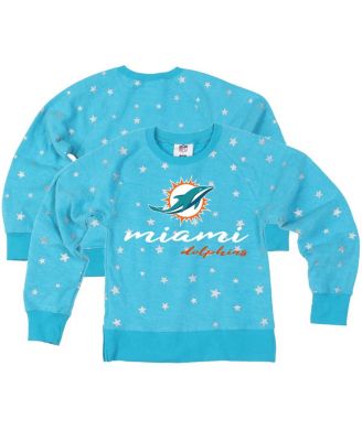 Wes & Willy - Big Girls Aqua Miami Dolphins Shimmer Star Reverse Fleece Pullover Sweatshirt
