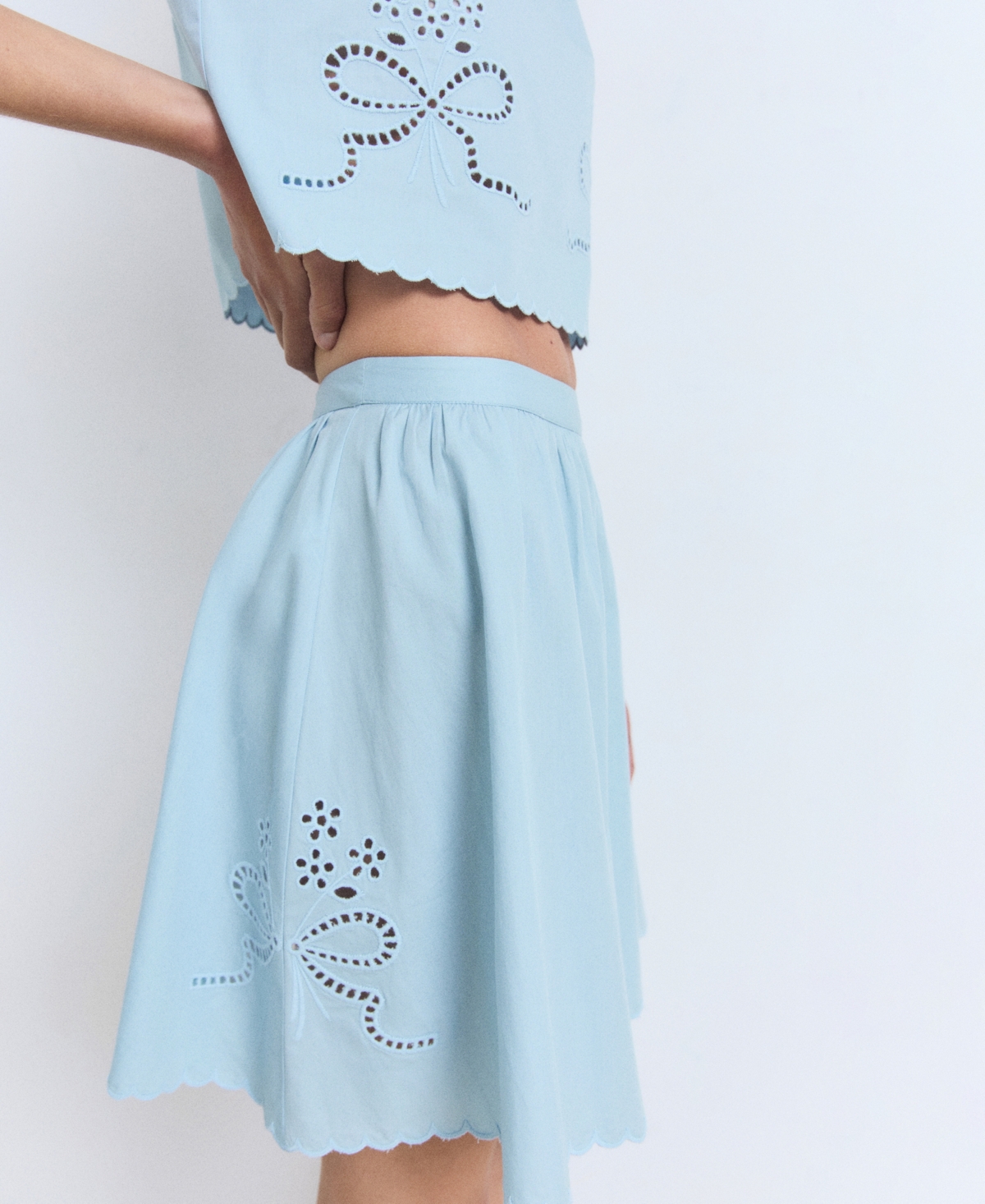 Mango Embroidered Scallop Skirt In Blue