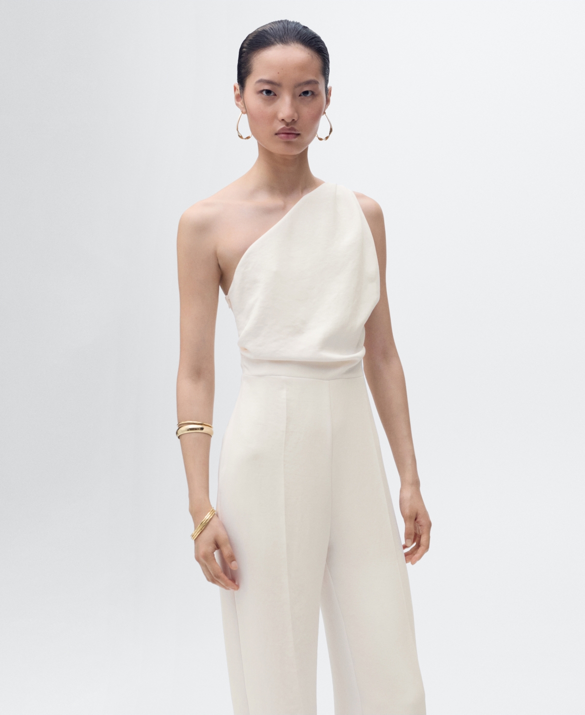 Mango Long Jumpsuit With Asymmetrical Neck In White