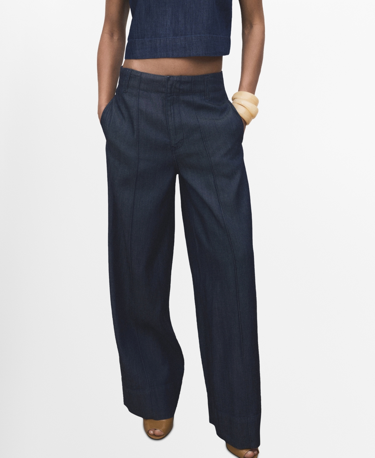 Mango Wide Leg Denim Pants With Stitching In Blue