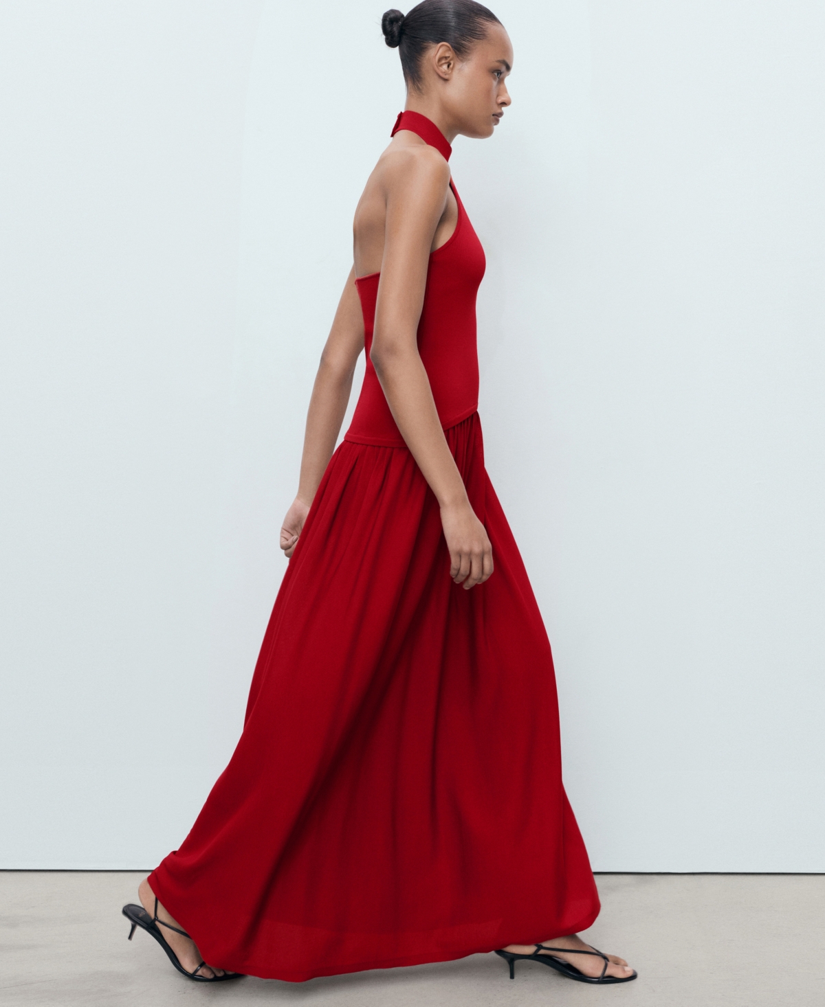 Mango Mixed Knit Halter Dress Red In Red