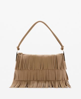 MANGO - Women's Fringes Detail Large Leather Shoulder Bag
