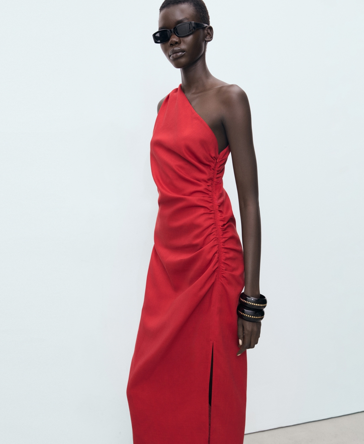 Mango Lyocell Dress With Asymmetrical Neckline Red In Red