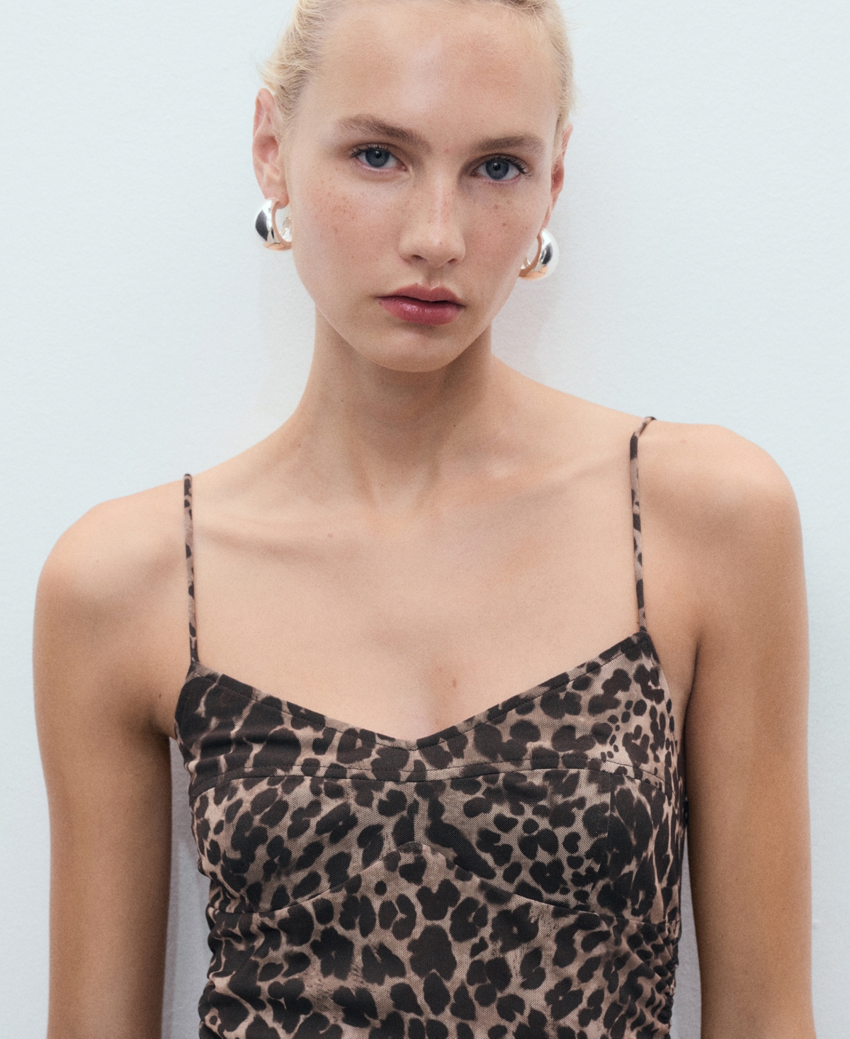 Mango Ruched Detail Fitted Leopard Print Midi Dress In Brown