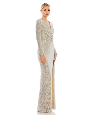 Women's Ieena Sequined Long Sleeve Faux Wrap Ruched Gown