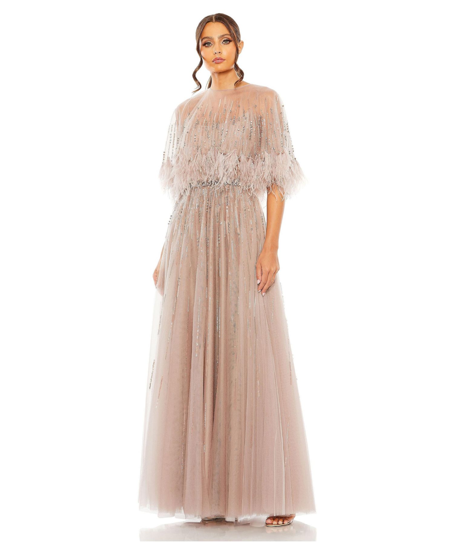 Women's Embellished A Line Dress with Feather Detail Cape
