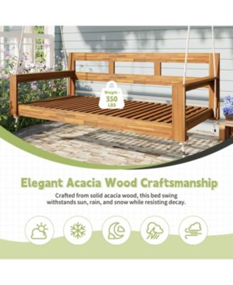 81 Inch Acacia Wood Twin Size Porch Swing Daybed with Hemp Ropes