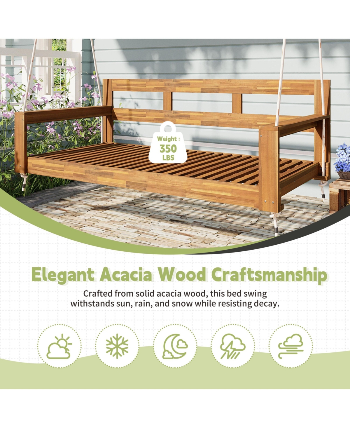 Flynama 81 Inch Acacia Wood Twin Size Porch Swing Daybed with Hemp Ropes