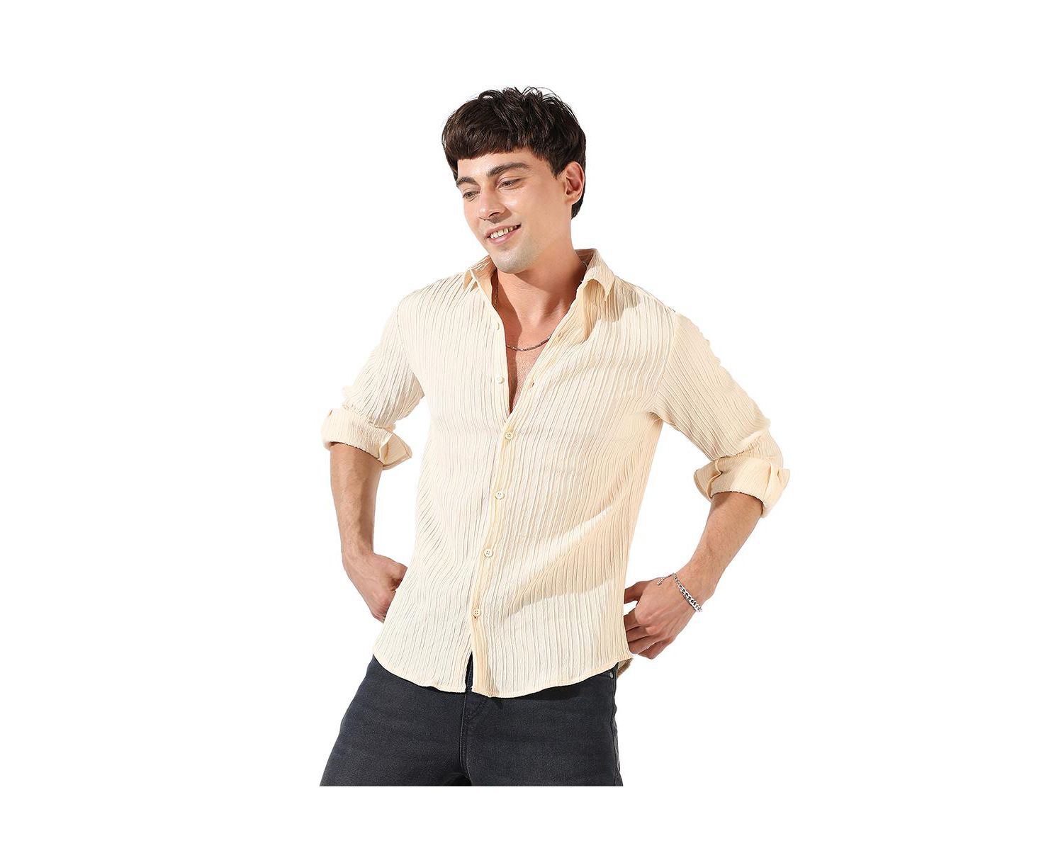 Men's Light Yellow Textured Regular Fit Casual Shirt