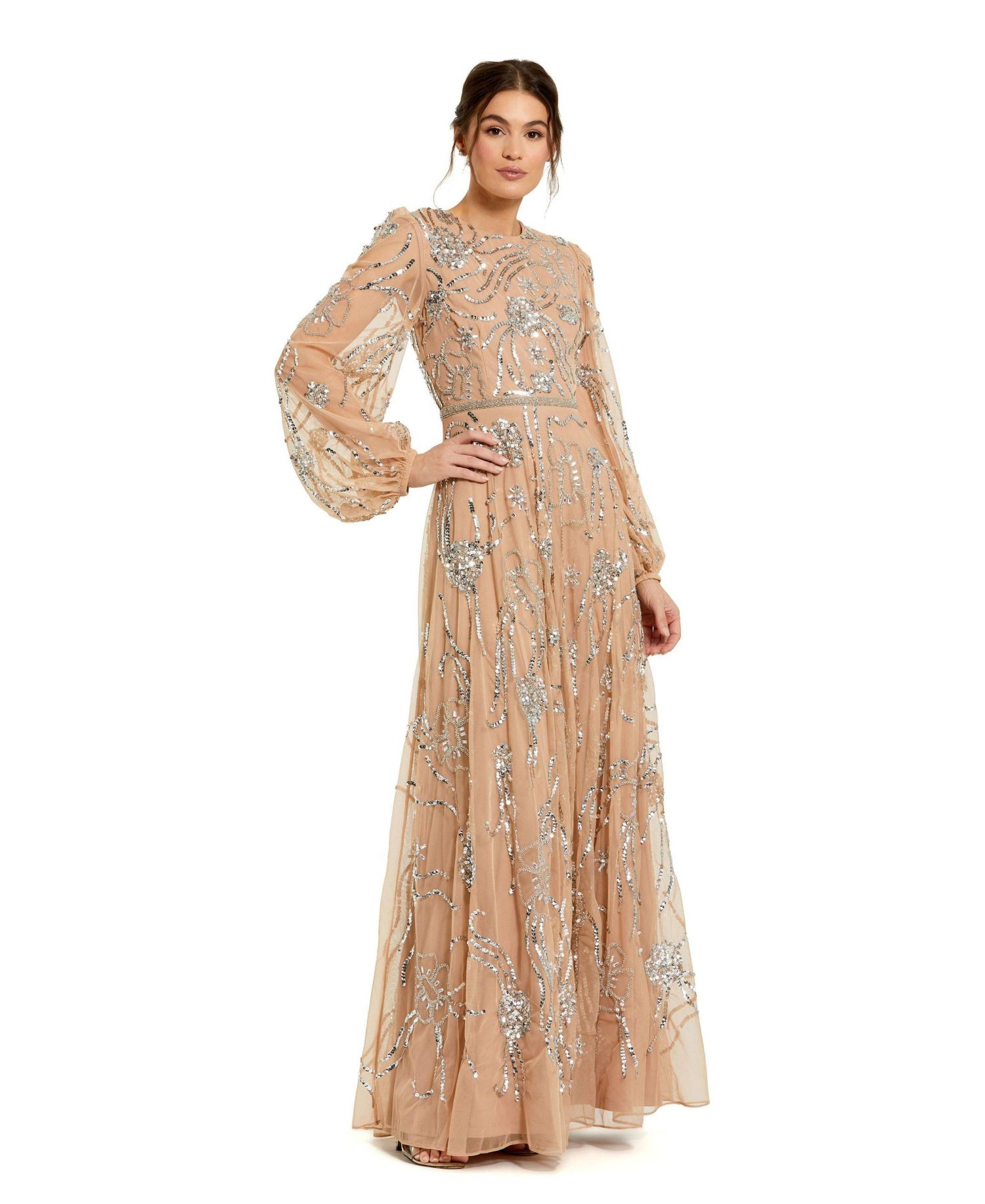 Women's Embellished High Neck Puff Sleeve Gown