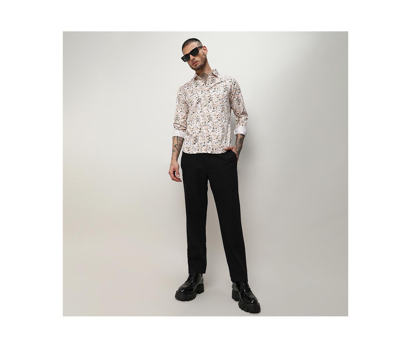 Мужская рубашка Cahoot Campus Sutra Abstract Print Button Up Cotton, цвет: Бежевый / Хаки — фото 6