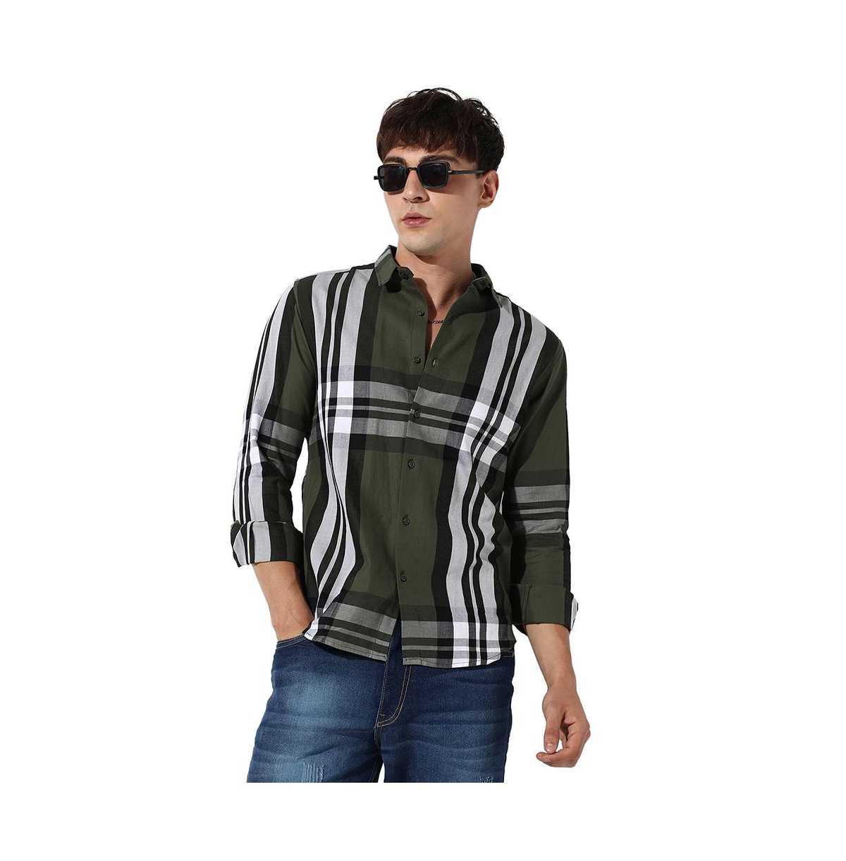 Campus Sutra Men's Tartan Plaid Dark Green Shirt