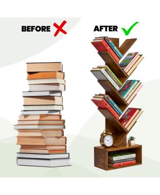 7-Tier Zigzag Tree Bookcase with Open Drawer for Books, Decor, and Accessories - Space-Saving Organizer Unit for Living Room, Bedroom, Office