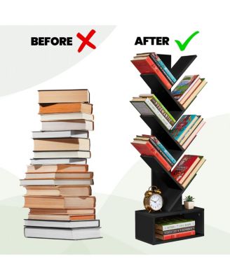 7-Tier Zigzag Tree Bookcase with Open Drawer for Books, Decor, and Accessories - Space-Saving Organizer Unit for Living Room, Bedroom, Office