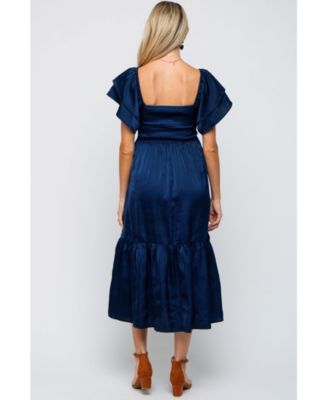 Maternity Forest Green Satin Flutter Sleeve Midi Dress