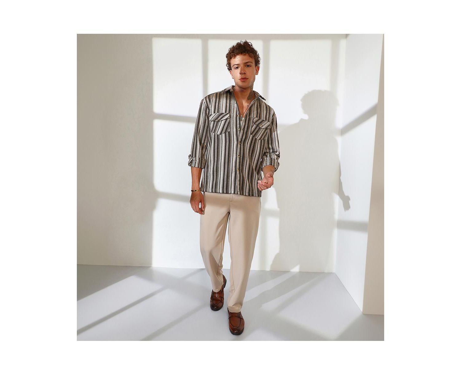 Men's Taupe Brown & Sepia Brown Multitrack Striped Oversized Shirt
