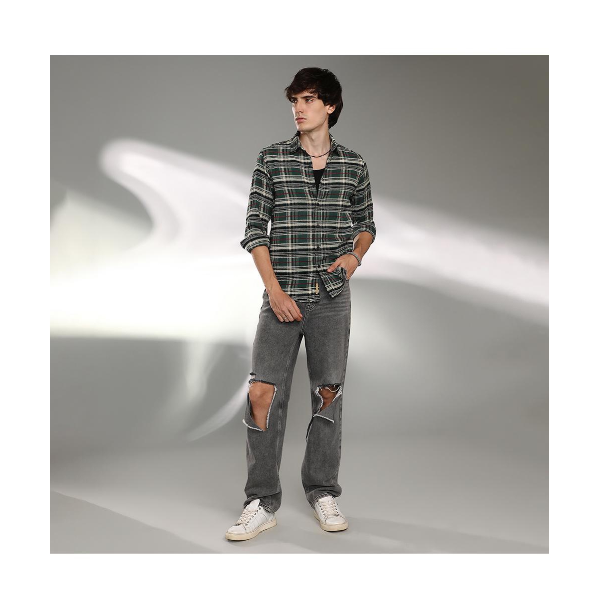 Campus Sutra Men's Pine Green Woven Plaid Shirt