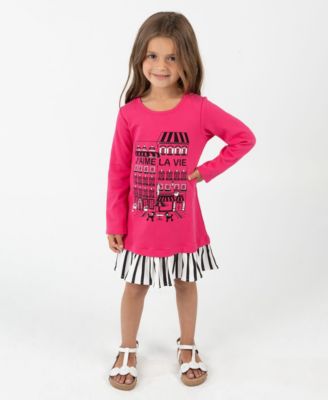 Rare Editions - Little Girls Interlock Dress with Black & White Striped Hem