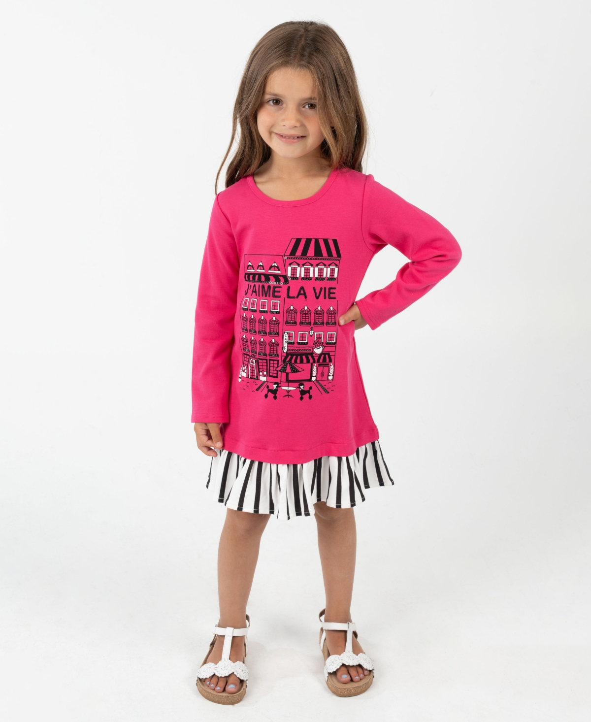 Rare Editions Little Girls Interlock Dress With Black & White Striped Hem In Pink