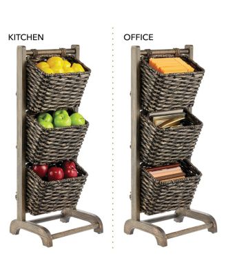 Water Hyacinth 3-Tiered Storage Baskets Floor Stand - Black/Black Wash