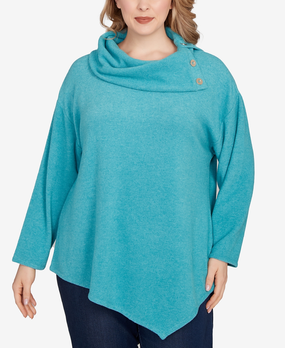 Ruby Rd. Plus Size Heather Cozy Knit Split Cowl Top In Blue