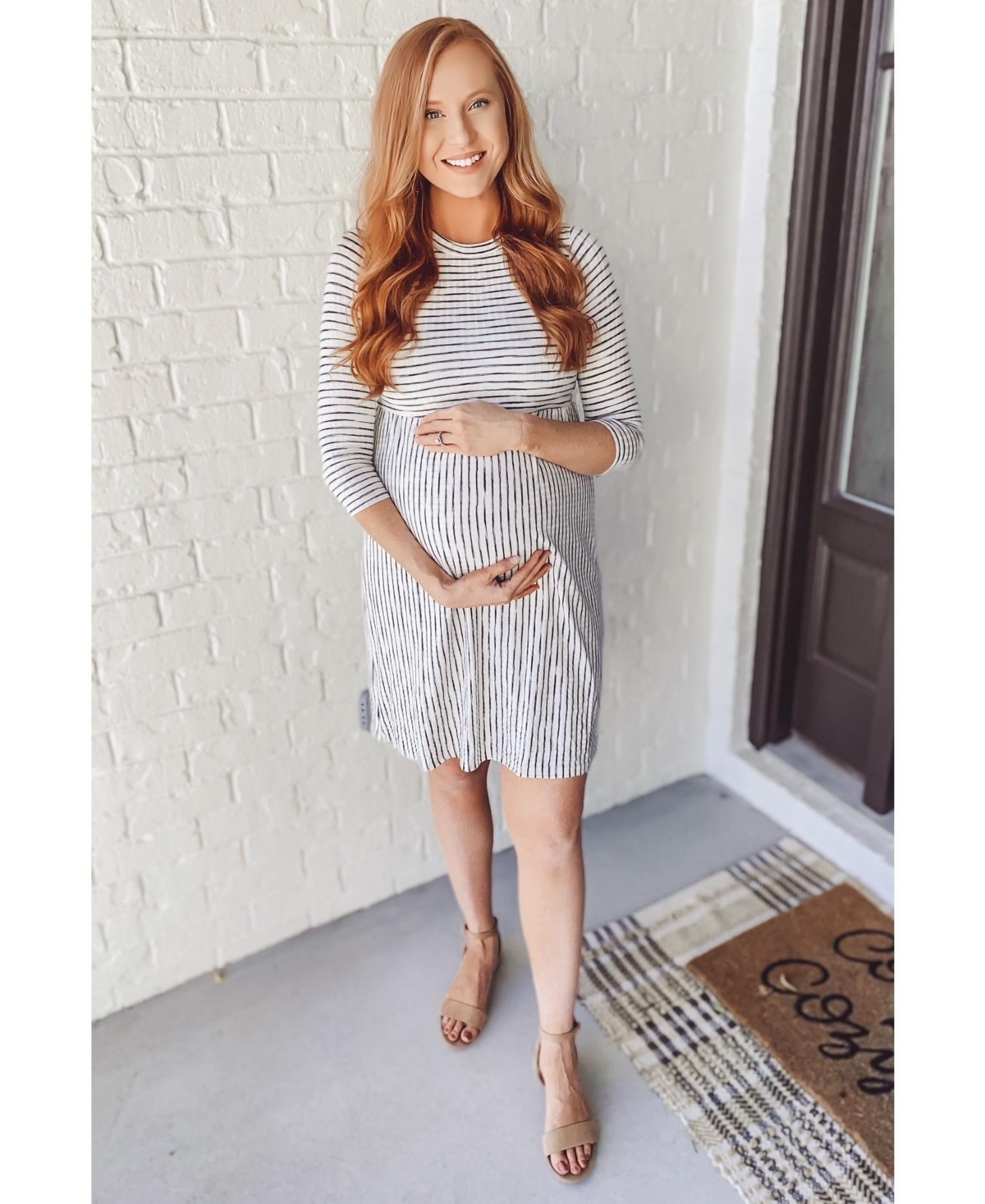 Pinkblush Maternity Ivory Ribbed Striped Midi Dress