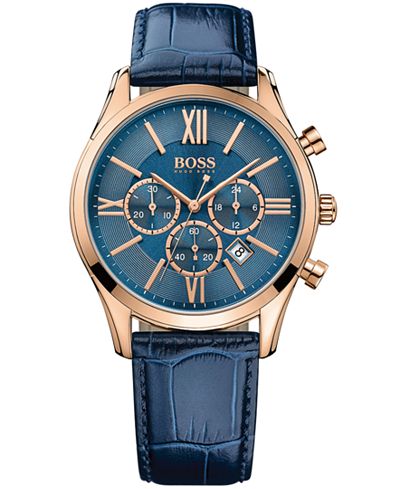 BOSS Hugo Boss Men's Ambassador Blue Leather Strap Watch 43mm 1513320