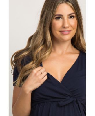 Navy Blue Solid Hi-Low Maternity Wrap Dress