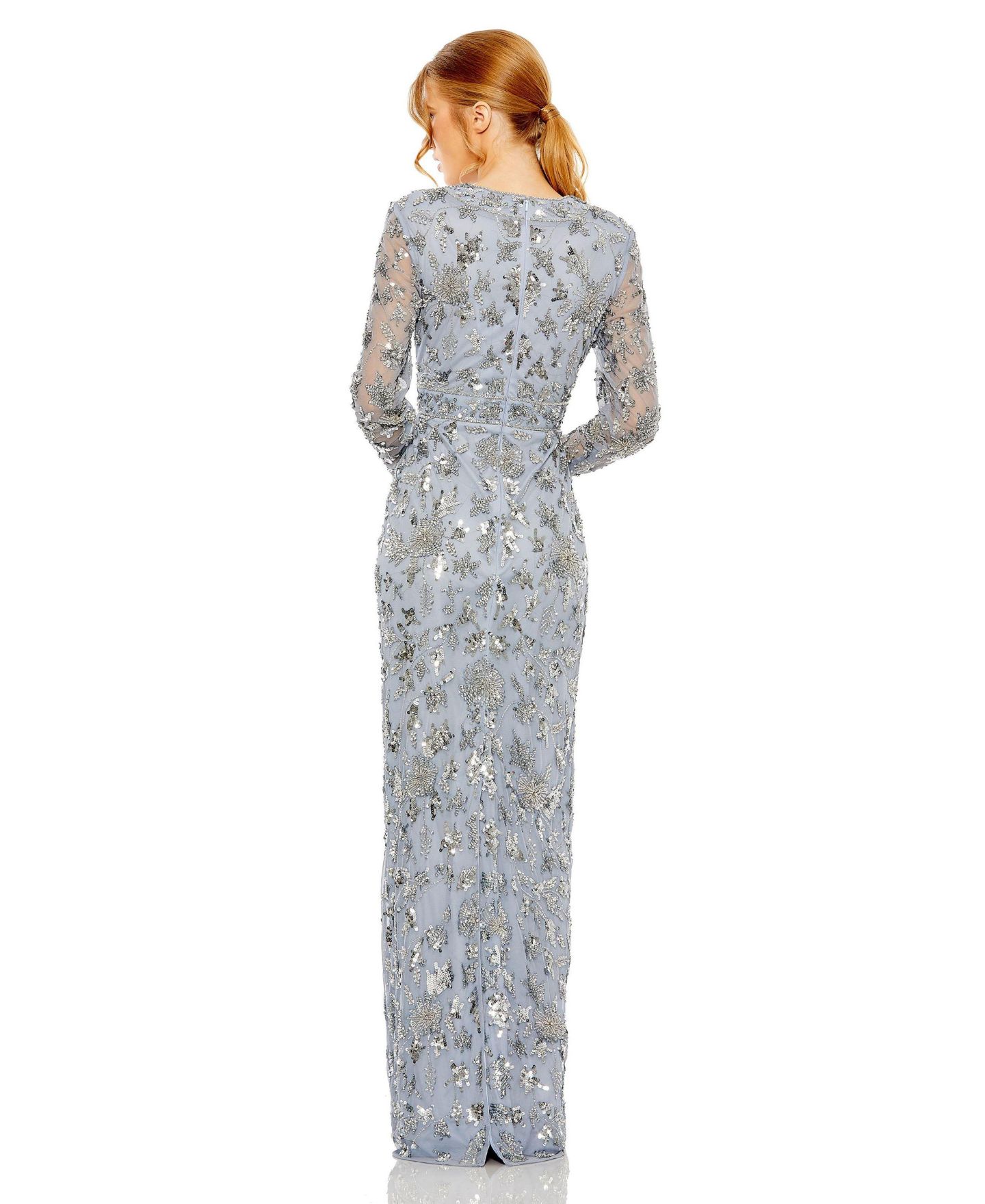 Женское платье Mac Duggal High Neck Long Sleeve Embellished Column Gown, цвет: Сланцевый синий — фото 3