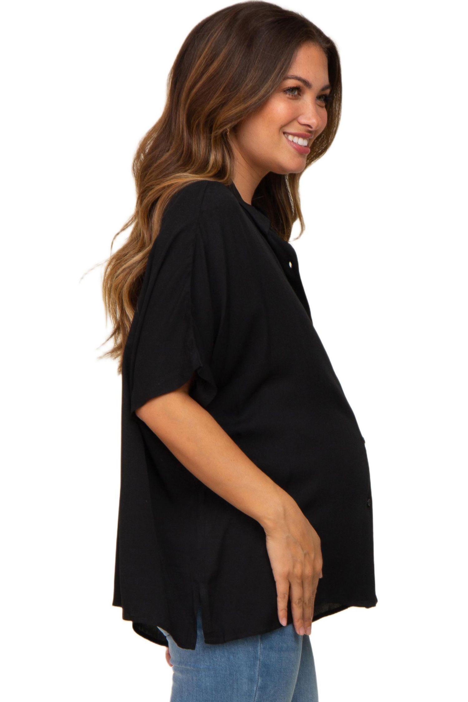 Women's Black Button Up Dolman Short Sleeve Top