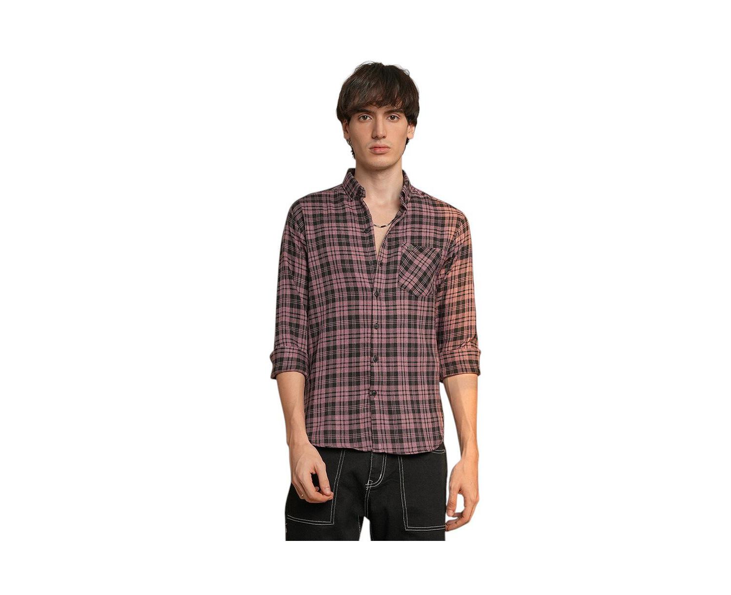 Men's Mauve Pink & Charcoal Black Tartan Plaid Shirt