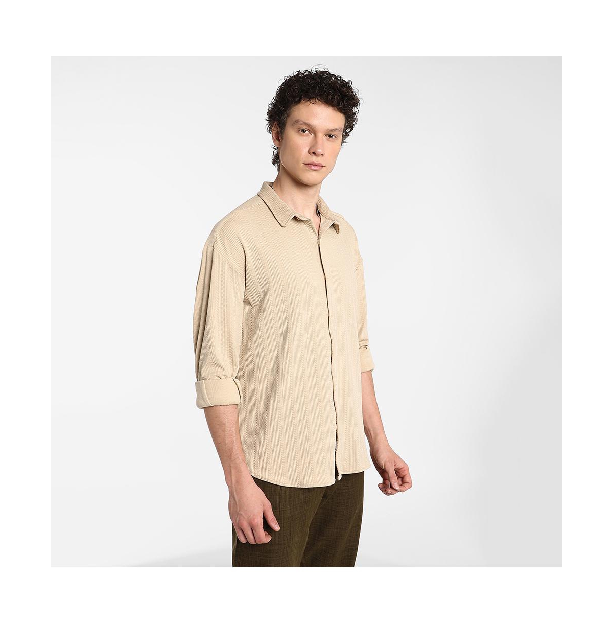 Campus Sutra Men's Light Beige Spear-Textured Shirt