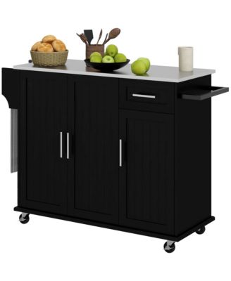 Black Rolling Kitchen Island with Drawers and Spice Rack
