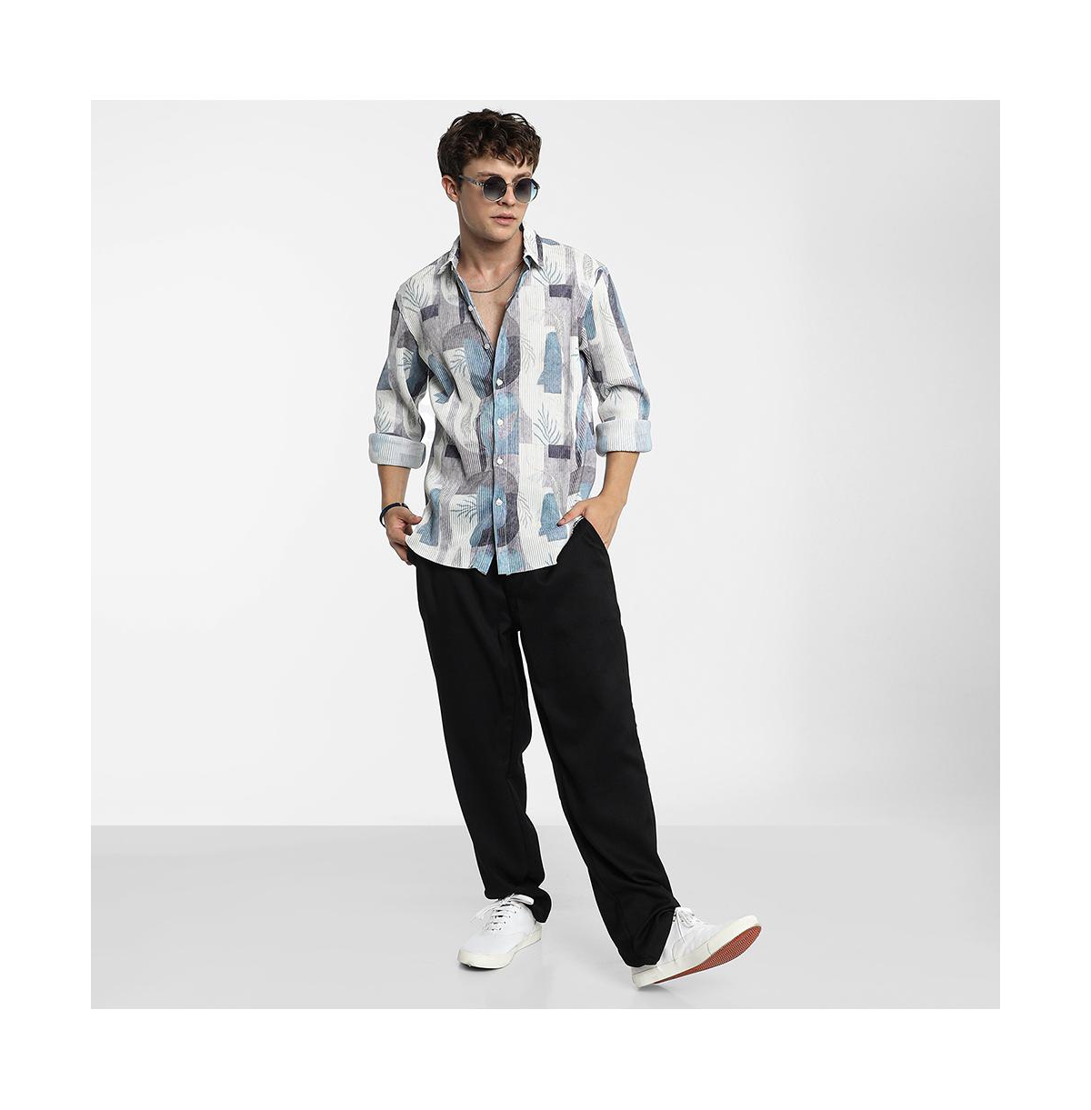 Campus Sutra Men's Icy Blue & Ivory White Twig-Block Shirt