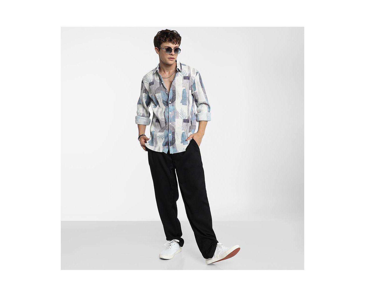 Men's Icy Blue & Ivory White Twig-Block Shirt